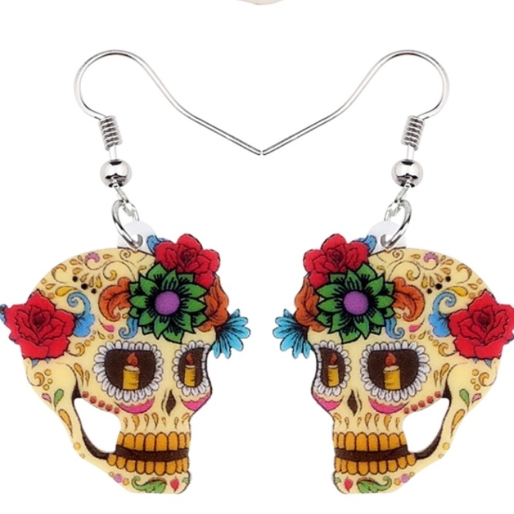Floral Rose Skull Candle Eyes Acrylic Earrings